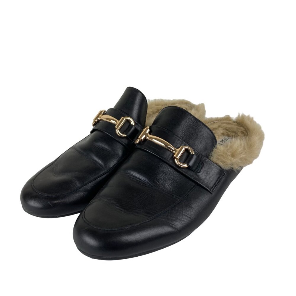 Steve Madden Womens Sz 9 Black Leather Faux Fur Lining Flats Mule Clogs
